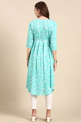 women's calf length scoop neck turquoise blue floral anarkali kurta