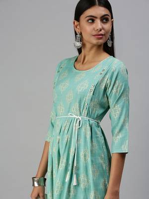 women's calf length round neck turquoise blue ethnic motifs a-line kurta 1