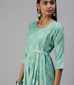 women's calf length round neck turquoise blue ethnic motifs a-line kurta