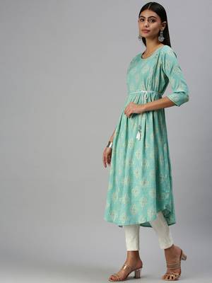 women's calf length round neck turquoise blue ethnic motifs a-line kurta 2