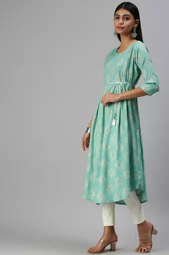 women's calf length round neck turquoise blue ethnic motifs a-line kurta