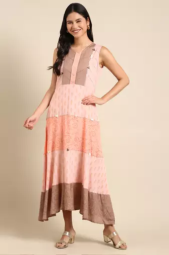 women's ankle length v-neck peach colourblocked anarkali kurta