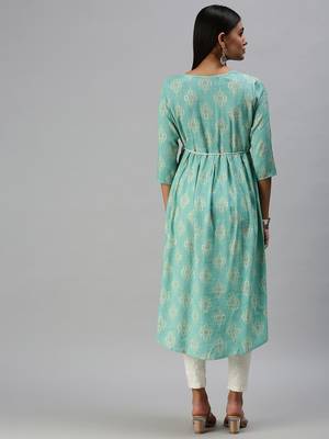 women's calf length round neck turquoise blue ethnic motifs a-line kurta 3