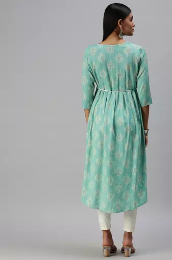 women's calf length round neck turquoise blue ethnic motifs a-line kurta