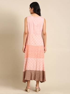 women's ankle length v-neck peach colourblocked anarkali kurta 4
