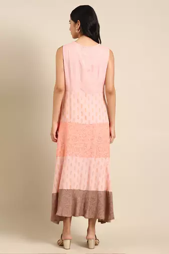 women's ankle length v-neck peach colourblocked anarkali kurta