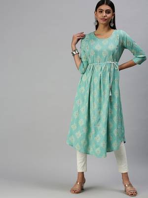 women's calf length round neck turquoise blue ethnic motifs a-line kurta 4