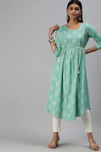 women's calf length round neck turquoise blue ethnic motifs a-line kurta