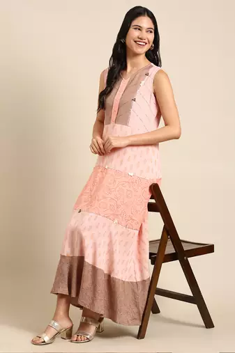 women's ankle length v-neck peach colourblocked anarkali kurta