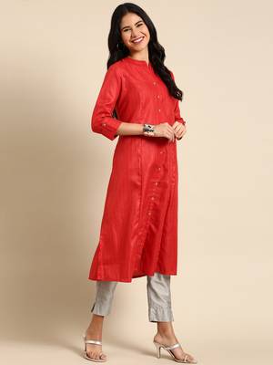 women's calf length mandarin collar rust embellished straight kurta 4