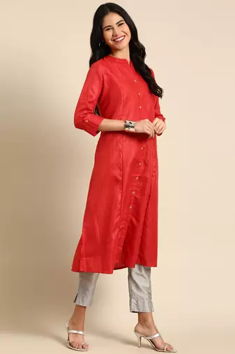 women's calf length mandarin collar rust embellished straight kurta
