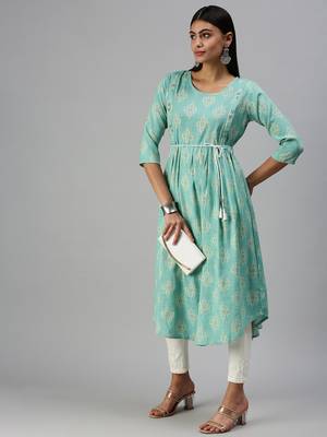 women's calf length round neck turquoise blue ethnic motifs a-line kurta 5