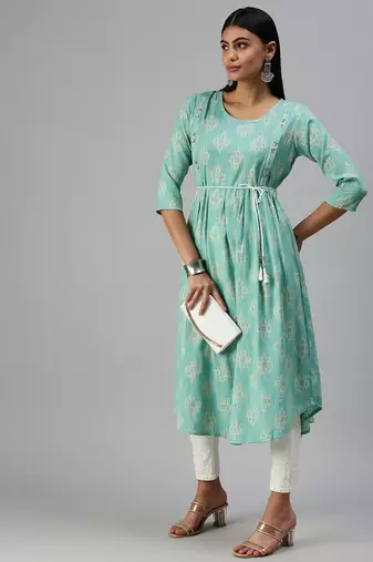 women's calf length round neck turquoise blue ethnic motifs a-line kurta