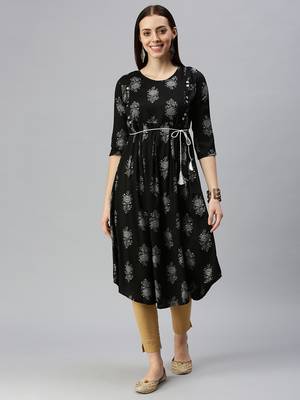 women's calf length round neck black floral a-line kurta 1