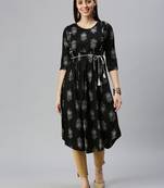 women's calf length round neck black floral a-line kurta