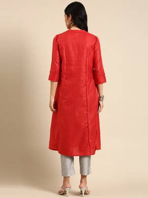 women's calf length mandarin collar rust embellished straight kurta 5