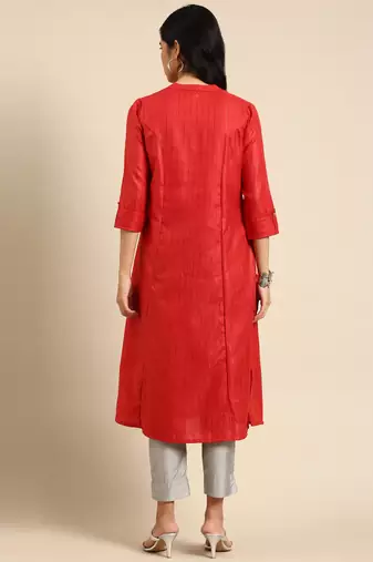 women's calf length mandarin collar rust embellished straight kurta