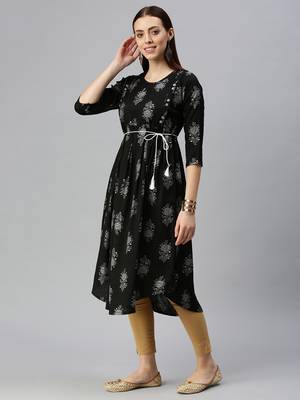women's calf length round neck black floral a-line kurta 2