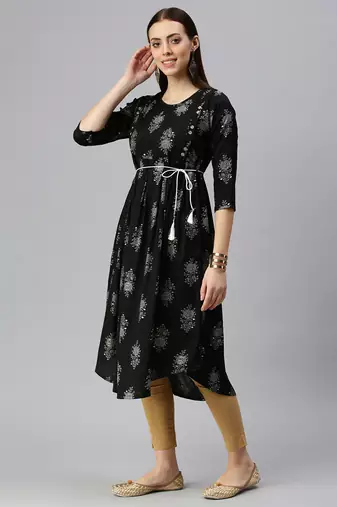 women's calf length round neck black floral a-line kurta