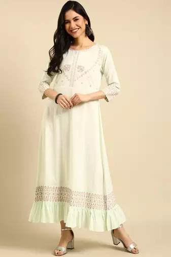 women's ankle length round neck green solid a-line kurta comes with duppatta