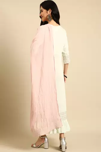 women's ankle length round neck green solid a-line kurta comes with duppatta