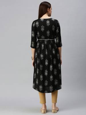 women's calf length round neck black floral a-line kurta 3