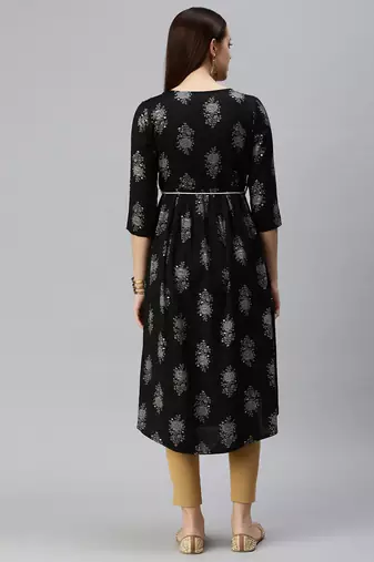 women's calf length round neck black floral a-line kurta
