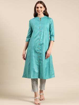 Showoff women's calf length mandarin collar sea green striped straight kurta 1