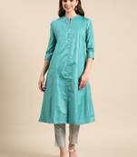 Showoff women's calf length mandarin collar sea green striped straight kurta