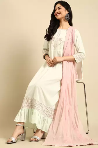 women's ankle length round neck green solid a-line kurta comes with duppatta