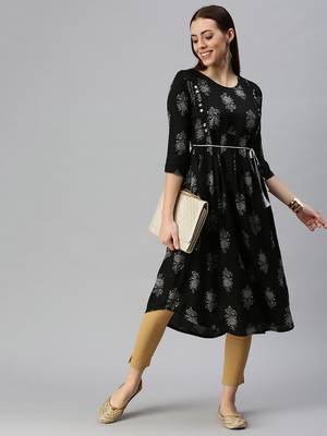 women's calf length round neck black floral a-line kurta 4