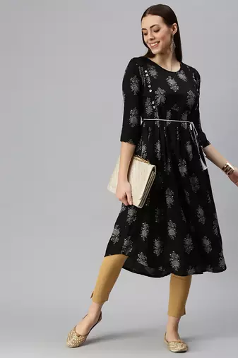 women's calf length round neck black floral a-line kurta