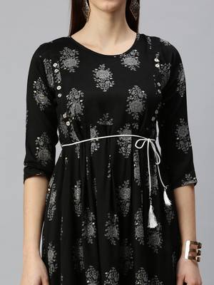 women's calf length round neck black floral a-line kurta 5