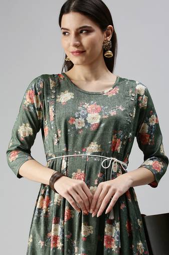 women's calf length round neck green floral a-line kurta