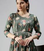 women's calf length round neck green floral a-line kurta