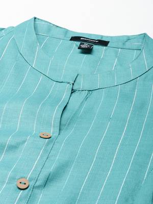 Showoff women's calf length mandarin collar sea green striped straight kurta 3