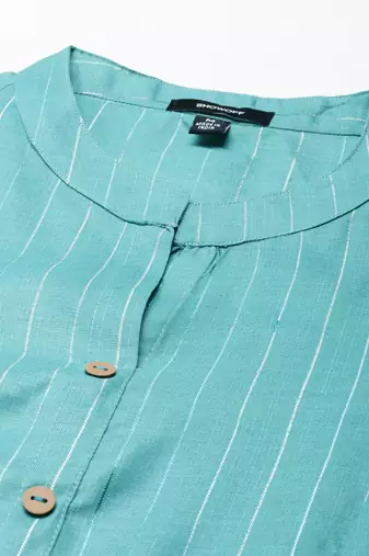Showoff women's calf length mandarin collar sea green striped straight kurta