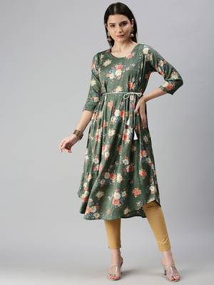 women's calf length round neck green floral a-line kurta 2