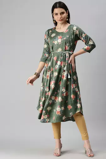women's calf length round neck green floral a-line kurta
