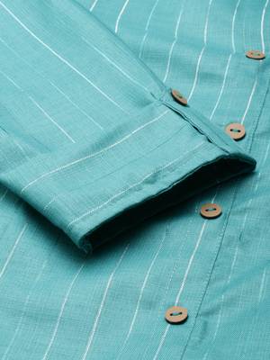 Showoff women's calf length mandarin collar sea green striped straight kurta 4