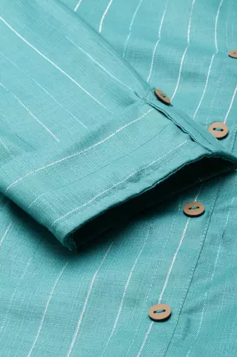Showoff women's calf length mandarin collar sea green striped straight kurta