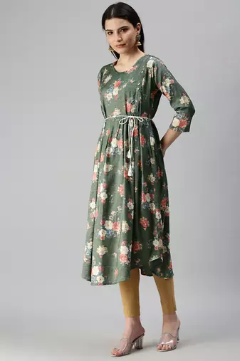 women's calf length round neck green floral a-line kurta