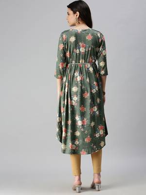 women's calf length round neck green floral a-line kurta 4