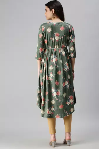 women's calf length round neck green floral a-line kurta