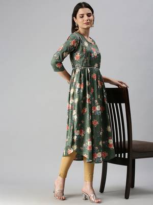 women's calf length round neck green floral a-line kurta 5