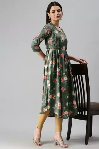 women's calf length round neck green floral a-line kurta
