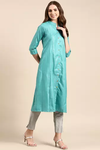 Showoff women's calf length mandarin collar sea green striped straight kurta