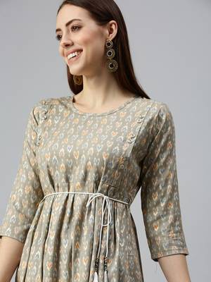 women's calf length round neck brown abstract a-line kurta 1