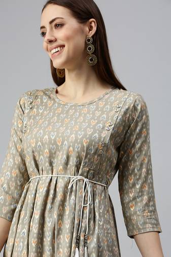 women's calf length round neck brown abstract a-line kurta
