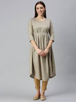 women's calf length round neck brown abstract a-line kurta 2